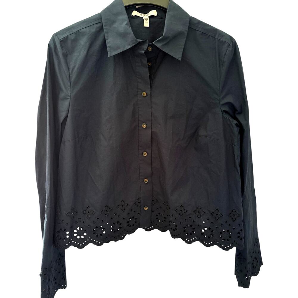 DEREK LAM 10 Crosby Button-Down Shirt Eyelet Embroidery 10 Navy Blue Cotton